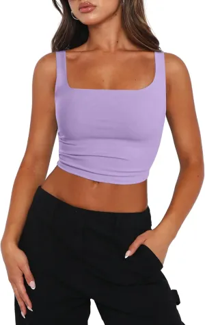 Zeagoo Women's Square Neck Sleeveless Crop Tops 2025 Cute Double Layer Seamless Slim Fit Y2k Tank Tops