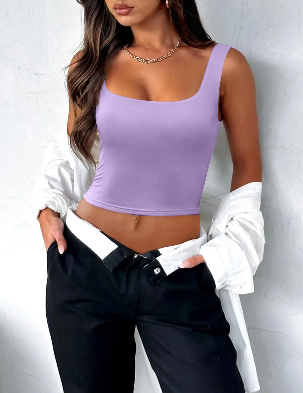 Zeagoo Women's Square Neck Sleeveless Crop Tops 2025 Cute Double Layer Seamless Slim Fit Y2k Tank Tops