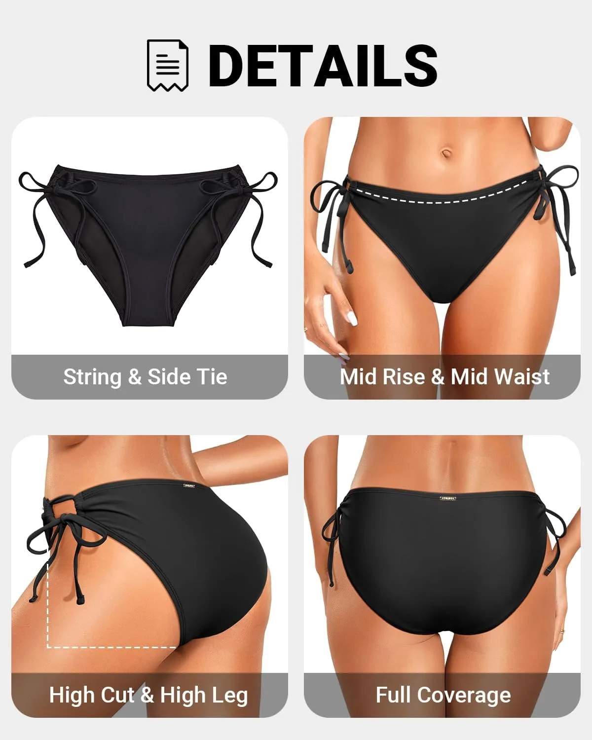Zmart String Tie Side Bikini Bottoms - Women Full Coverage Swimsuit Bottom Mid Rise Mid Waist Swim Bathing Suit Bottom