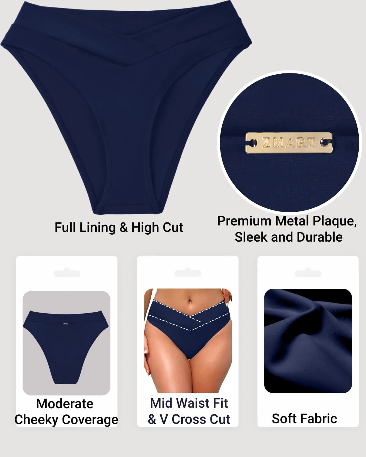 Zmart Women V Cut Cheeky Bikini Bottom - High Cut Bathing Suit Bottom Mid Rise Swim Bottoms Swimsuit